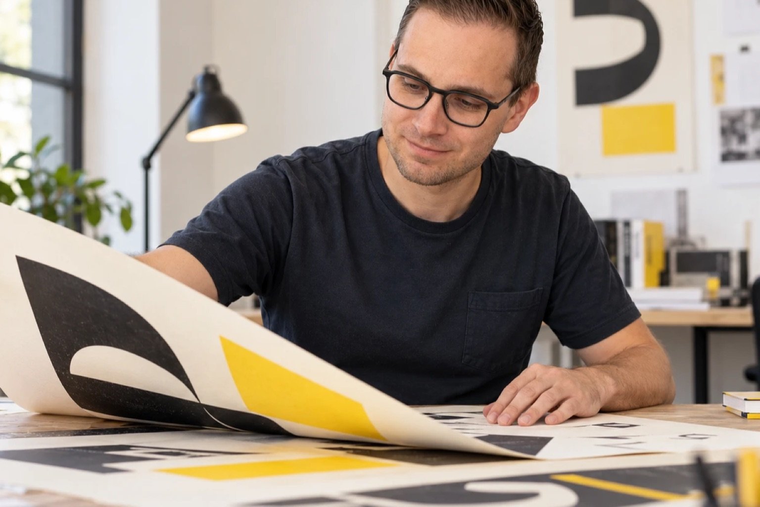 Wesley Eeckhout bekijkt een grote print met zwarte en gele vormen.