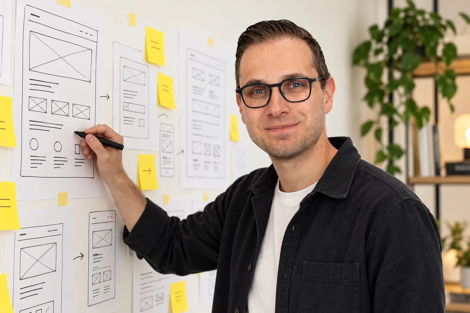 Wesley Eeckhout tekent wireframes van een website op papier aan de wand.
