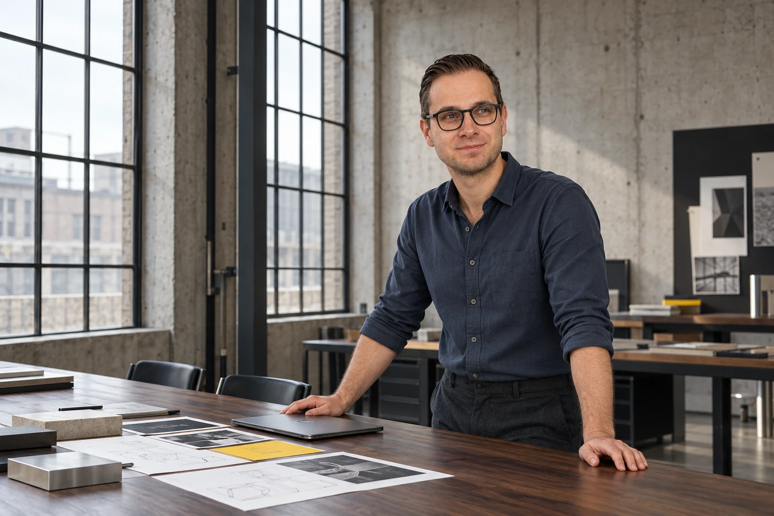 Wesley Eeckhout aan een werktafel met schetsen en materiaalstalen.