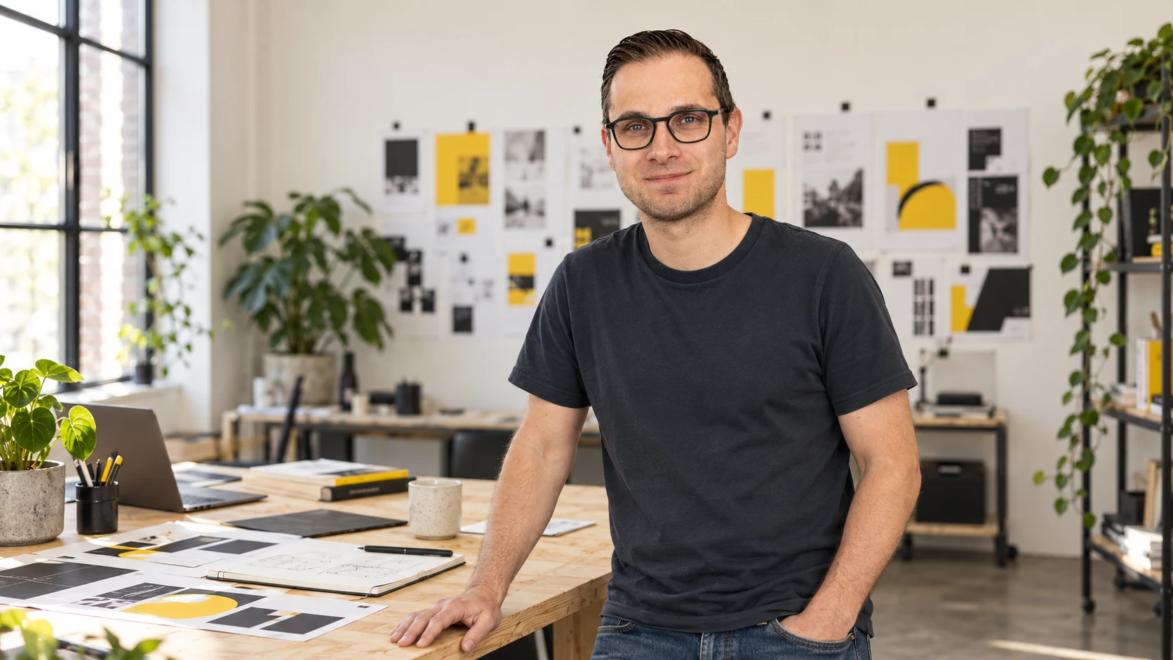 Wesley Eeckhout in een ontwerpstudio met een moodboard aan de wand.