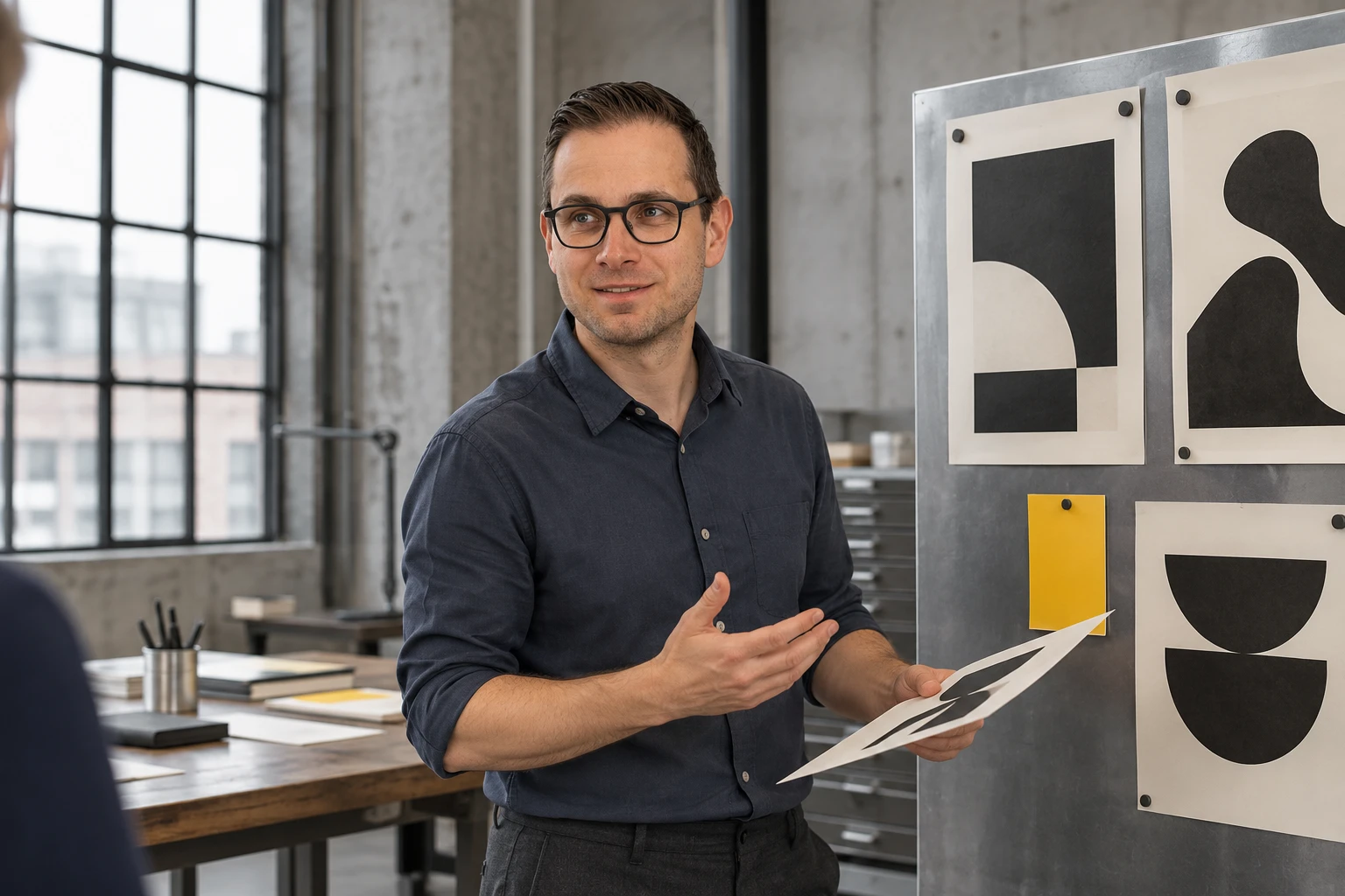 Wesley Eeckhout presenteert ontwerpen met zwarte en gele vormen aan een opdrachtgever.
