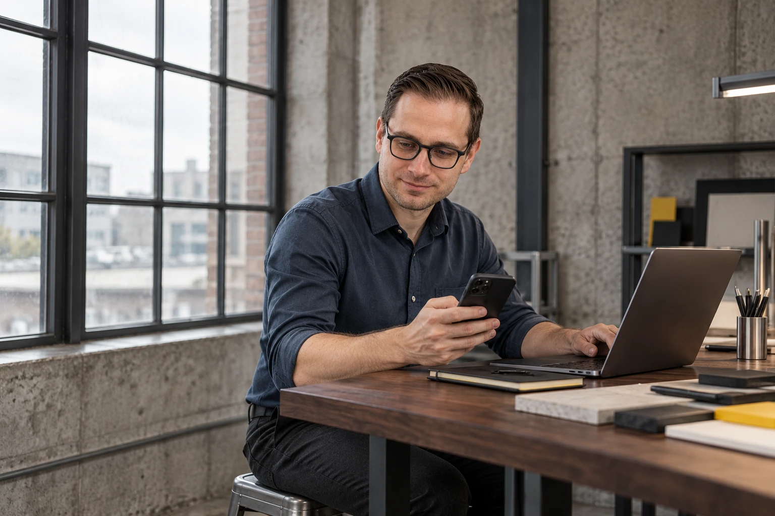 Wesley Eeckhout kijkt op zijn telefoon terwijl hij op een laptop werkt.