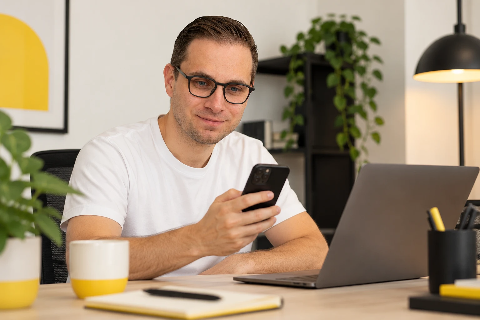 Wesley Eeckhout kijkt op zijn telefoon, met een laptop naast zich.