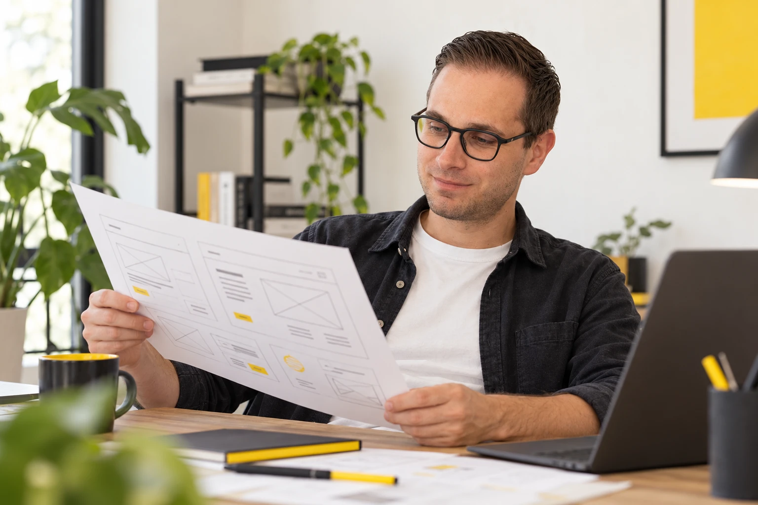Wesley Eeckhout bestudeert een uitgeprint wireframe van een website.