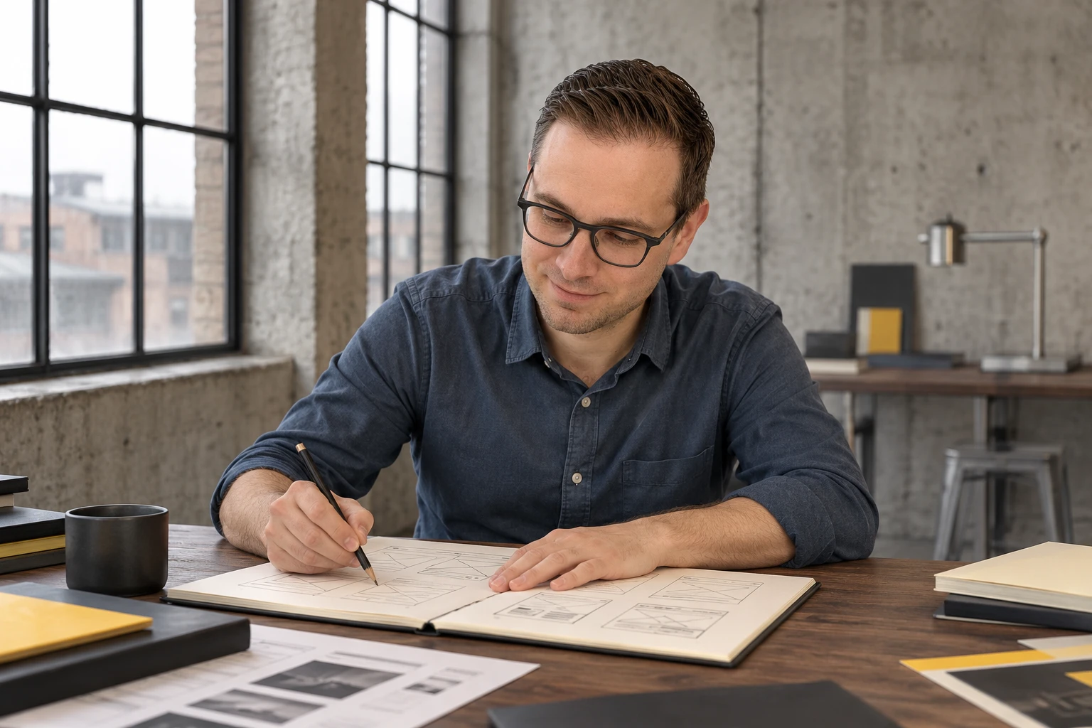 Wesley Eeckhout schetst wireframes van een webshop in een schetsboek.