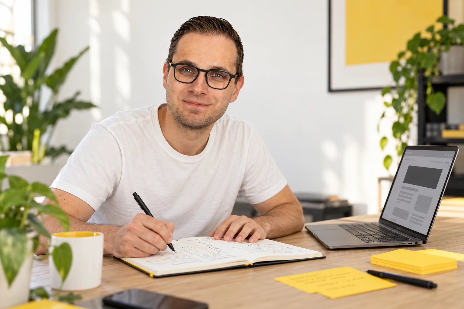 Wesley Eeckhout maakt schetsen in een notitieboek naast een laptop.