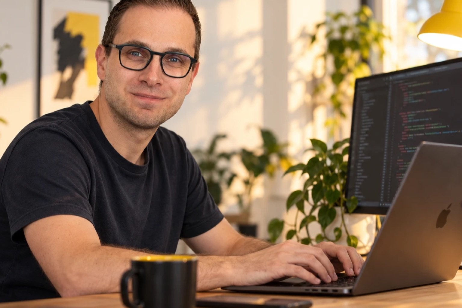 Wesley Eeckhout aan een bureau met een laptop en een scherm met code.