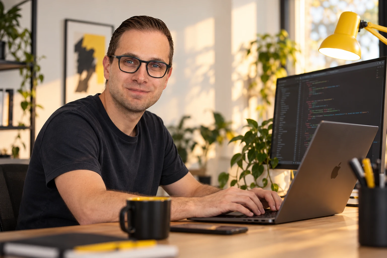 Wesley Eeckhout aan een bureau met een laptop en een scherm vol code.