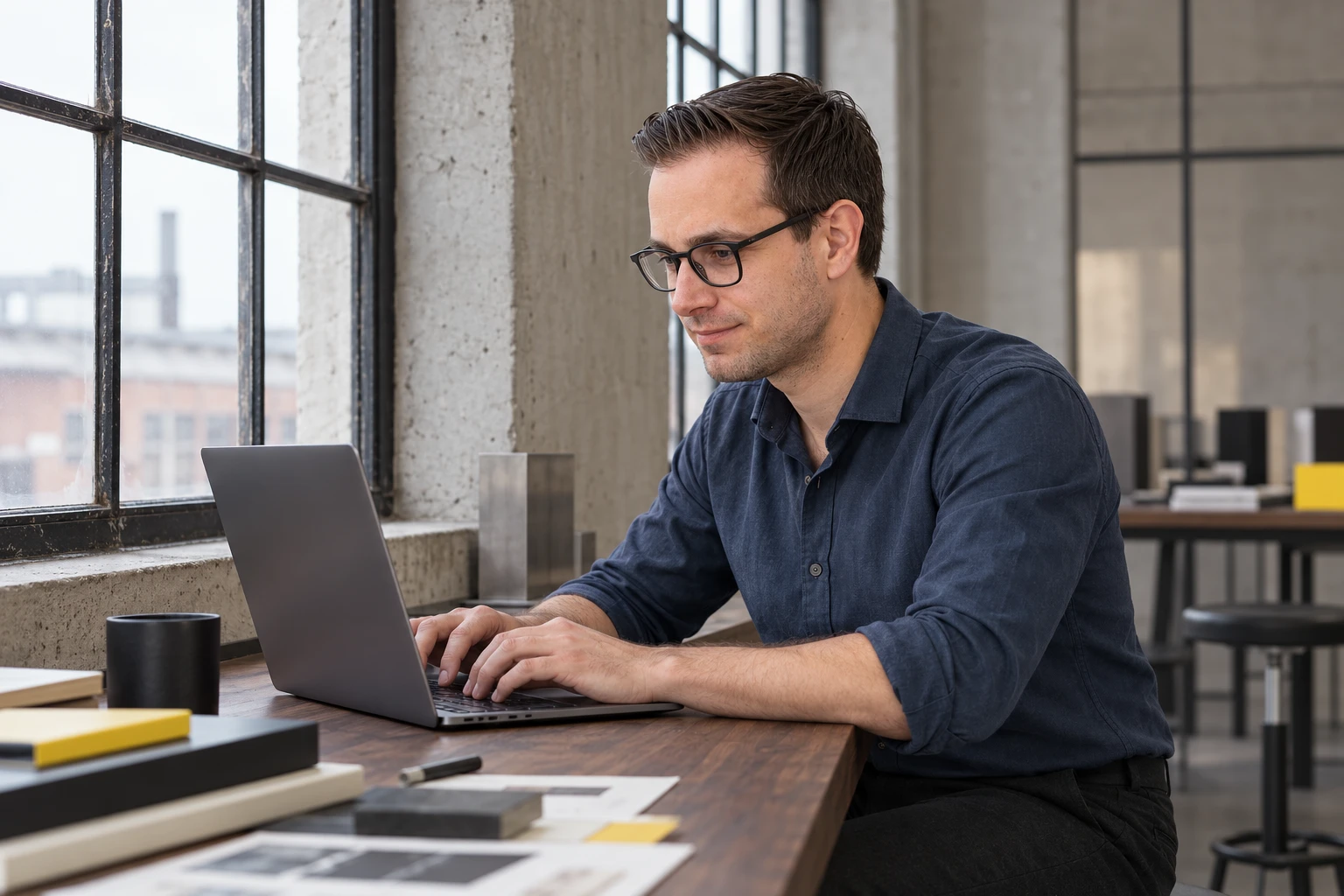 Wesley Eeckhout werkt op een laptop aan een tafel bij het raam.